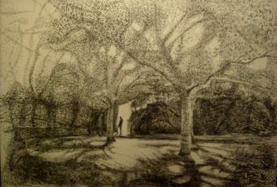 Graphite and charcoal drawing depicting lone worker in the distance on the grounds of the Fremantle Arts Centre with trees casting long shadows