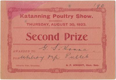 Katanning Poultry Show Second Prize