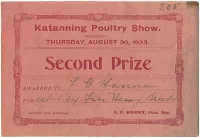 Katanning Poultry Show Second Prize