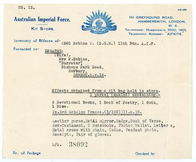 Personal Effects Letter (AIF Kit Store) – Pte. W. ROBINS DCM 2201