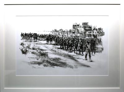 Charcoal drawing by Brian Simmonds titled “Lighthorse and Camel Brigade march into El Rish”