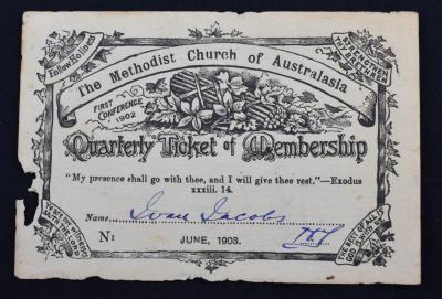 Quarterly Ticket of Membership to Methodist Church of Australasia – Rev. Ivern A. JACOBS