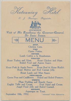 Dinner Menu for Governor General Sir Isaac Isaacs 