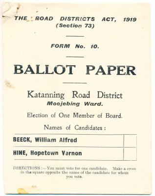 Ballot papers for Moojebing Ward of Katanning Road Board