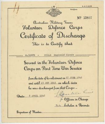Volunteer Defence Corps (VDC) Certificate of Discharge belonging to Reginald Claude HILLS (W709754)