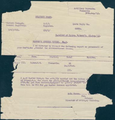 Military Board Master’s Gunners Course Report for N. W. BAKER