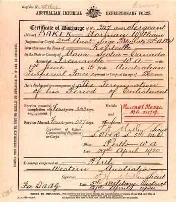 First World War Certificate of Discharge – Sergeant N.W. BAKER 347