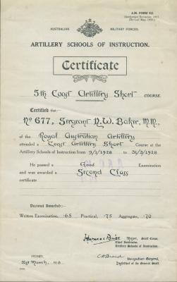 Artillery Schools of Instruction Certificate – 5th Coast Artillery Short Course – Sergeant N.W. BAKER 677