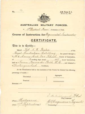 Certificate of Course of Instruction for Regimental Instructor – Sergeant N.W. BAKER