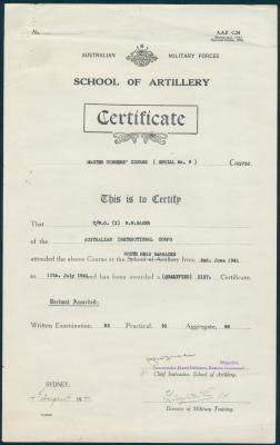 School of Artillery Certificate for Master Gunners Course – T/W.O. (I) N.W. BAKER