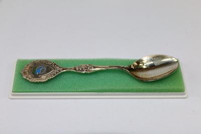 Oval bowled, long handled stainless steel teaspoon. The spoon has a slightly enlarged section in the middle of the handle with a floral and scroll design and at the top of the handle is a shield shape surrounded by similar scroll patterns. The shield has a blue and white image of two dolphins jumping in front of a circle. It also has the text 'Atlantis' in blue lettering at the top. Underneath the image of the dolphins is the text 'YANCHEP/SUN CITY/W.A' in black lettering. 