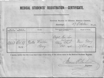 Medical Students Registration -Certificate. Walter Percy Yates