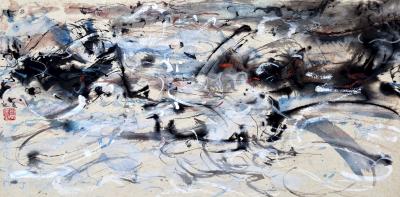 Abstract blue, grey and black work on paper