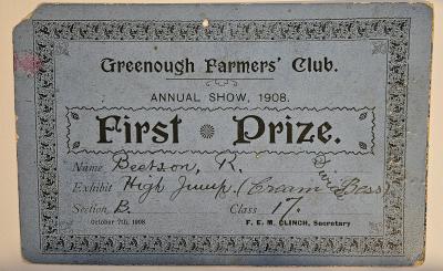 Greenough Farmer's Club Show first prize card