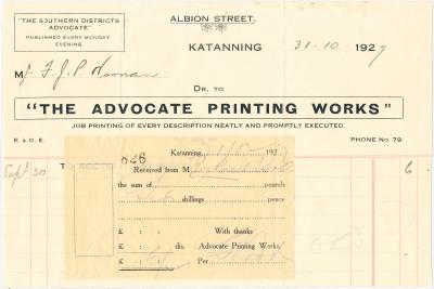 Account and Receipt from Advocate Printing works