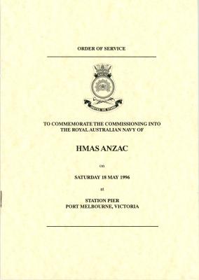 Order of Service commemorating HMAS Anzac III commissioning 18 May 1996