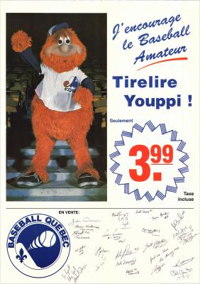 1989 Baseball Quebec poster advertising the Youppi! piggy bank 