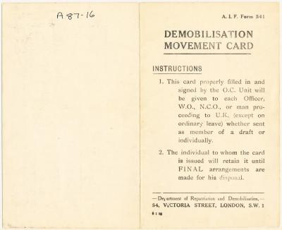 Demobilisation Movement Card