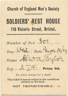 WW1 TICKET SOLDIERS REST HOME BRISTOL ENGLAND