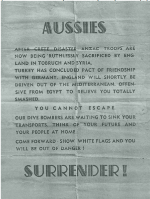 World War 2, North Africa, Libya, Tobruk, Surrender Leaflet, April - November 1941