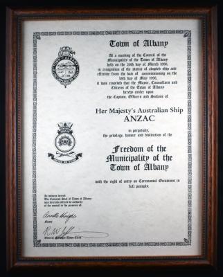 HMAS Anzac Framed Certificate of "Freedom of the Municipality of the Town of Albany"