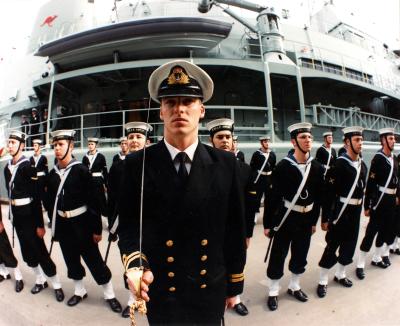 Colour photograph of crew during Blessing Service of HMAS Anzac III