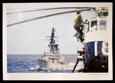 Royal Australian Navy Promotional Poster of HMAS Hobart framed by Wessex Helicopter