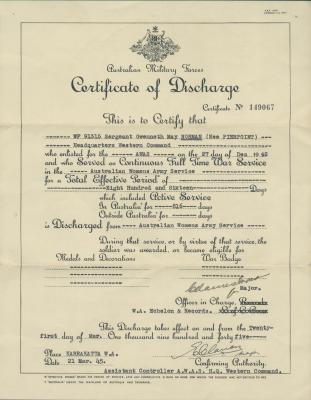 Second World War Certificate of Discharge issued to WF91315 Sergeant Gwenneth May NORMAN 