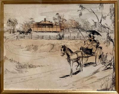 Artwork showing a couple wearing hats riding in a horse and cart in front of the Kooloonong Bush Hospital. A second horse and cart is departing. 