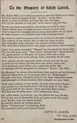 Poem dedicated to Edith Cavell by Lewis V. Baker