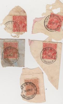 Four 2d red and one 5d ochre stamps postmarked Greenough