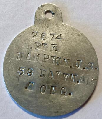 WWI identity disc - John (Jack) Soderic Hampton