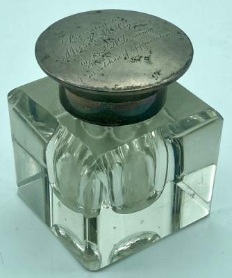 WWI era crystal glass inkwell with silver inscribed lid