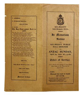 PROGRAMME, ANZAC DAY MEMORIAL SERVICE 1921