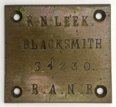 Metal identification label - Keith Neville Leek, R.A.N.R.