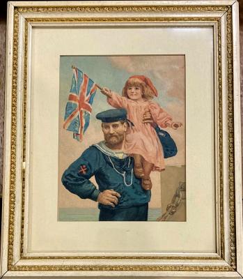 Framed naval print featuring sailor and child