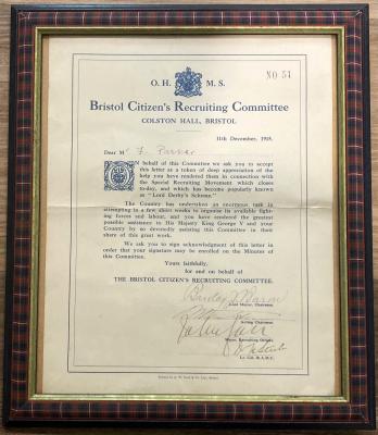 Lord Derby Scheme certificate issued to Mr. F. Parker