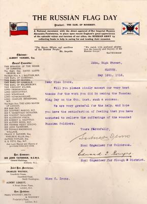 'Russian Flag Day' letter 1916