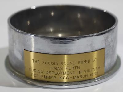 HMAS Perth (II) Cordite Case celebrating 7,000 round fired in Vietnam