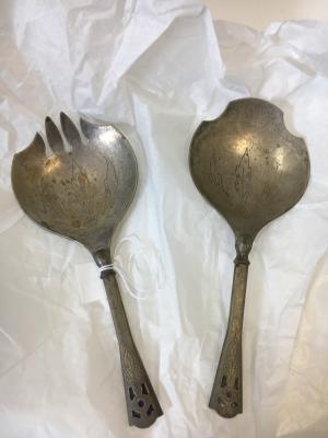 Silver salad serving spoon and fork