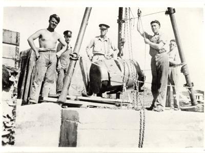 Western Australia, Rottnest Island. Oliver Hill Battery, Installation. Lifting motor with sheer legs, Named