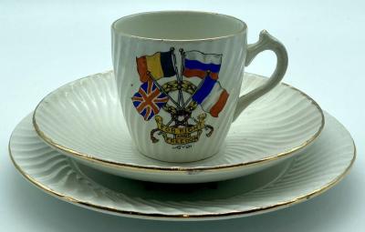 WWI era patriotic bone china fluted cup, saucer and plate set