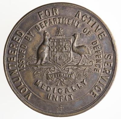 World War 1, Australia, Volunteered for Active Service Medically Unfit Badge