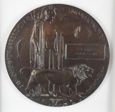 First World War Memorial Plaque for Lance Corporal John (Jack) STAPLETON, 5441