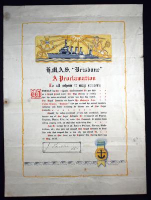 HMAS Brisbane Proclamation Certificate to Stoker J. POULTER