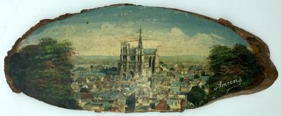 WWI era hand painted plaque featuring the French city of Amiens