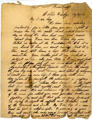 Letter from James SCOTT to son Pte. Albert SCOTT 892 notifying of his brother death; Pte. David SCOTT 613