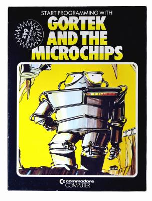 black yellow and white cover of a game with large block text reading "Gortek and the Microchips" witha  sketched robot pic below.