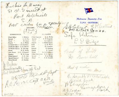 Dinner Menu Card from Steamship ‘DUNTROON’ dated 25th July 1941