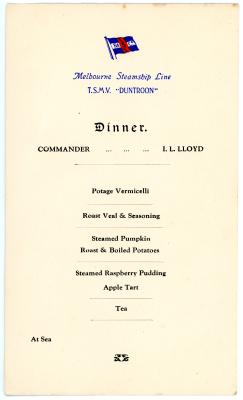 Dinner Menu Card from Steamship ‘DUNTROON’ dated 23rd July 1941